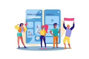 Refer a friend concept. A group of young active people with flag shouting in loud speaker. Referral marketing strategy banner, landing page template, ui, web, mobile app, poster, banner, flyer. vector