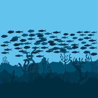 Vector illustration of a group of fish swimming under the blue sea. Seabed with coral reefs and seaweed. Isolated on a blue background. Aquatic life.