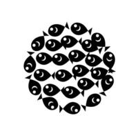 Vector illustration of a group of fish swimming in a round shape. Black fish colony design concept for ball logo. Isolated on a white background. Marine life.