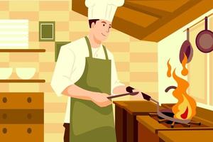 Chef cooking food in the restaurant kitchen vector