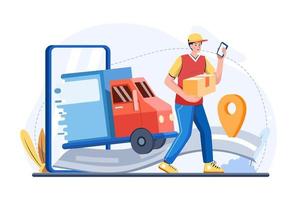Smartphone with delivery truck, express delivery courier holding cardboard box. vector