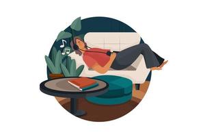 Girl listening to music while sleeping on the couch vector