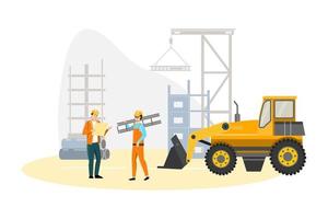 Builders and surveyors with machinery and warning signs during road construction vector