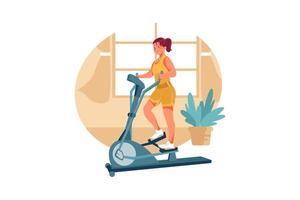 Girl works out on stepper machine in room vector