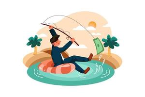 Businessman fishing dollar sitting on lifebuoy vector