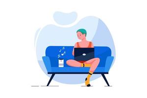 Man with laptop listening to music on wireless speaker at home vector