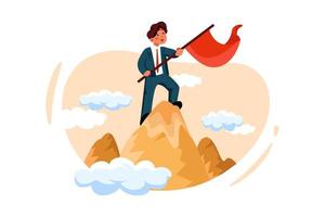 Businessman standing and holding flag on the top of the peak vector