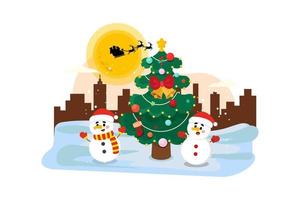 Christmas tree with snowman vector