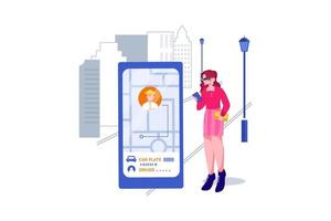 mirada modelo mujer rastreando el taxi llamado por una aplicación de teléfono móvil vector