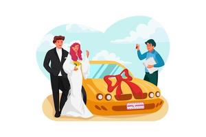 Car Sale. Manager showing off luxury automobile to afro bride and groom in car dealership vector
