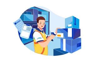 Warehouse worker scanning box while smiling at camera vector