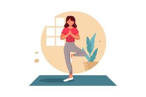 Young girl standing on one leg in yoga. Woman standing on one leg in balance yoga pose vector