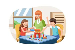 Preschool teacher with children playing with colorful wooden didactic toys at kindergarten.