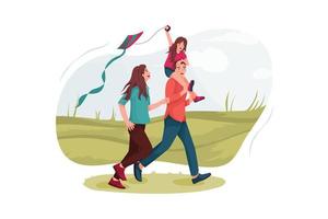 Parents and daughter flying kites on a meadow. vector