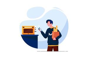 Happy young man looking at oven with voice recognition function in kitchen vector