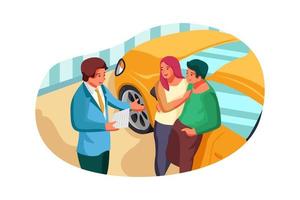 Buying their first car together. Wide angle view of young car salesman standing at dealership talking about car features to customers. vector