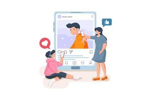 Two girls interacting with the boy's post. vector