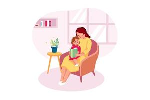 Mother mum reading fairy tale book to baby child daughter at home. vector