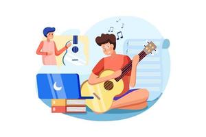The boy learns to play a musical instrument according to an online tutorial. vector