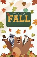 un oso con un mapache y una comadreja atrapando hojas caídas en la temporada de otoño vector