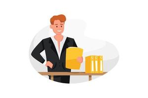 Businessman sitting at office desk in office. Stack of folders with documents is on the table. vector