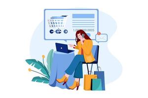 una mujer compra tela en una tienda móvil en línea vector