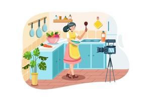 Young woman in kitchen recording video on the camera vector