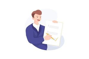 Businessman Character Mark Checklist with Pen. Goal Achievements 3. Planning Schedule Concept. vector