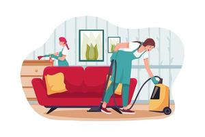 Cleaning team with professional tools tidying up living room . vector
