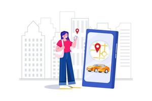 Women holding a phone with location mark of a smart electric car in the modern city skyline vector