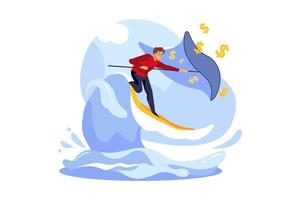 Businessman surfing and catching dollar vector