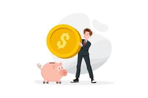 Businessman try to put a large coin into a piggy bank. Concept of saving money vector