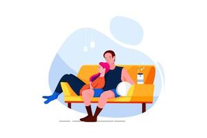 Couple sitting on sofa listening to music on wireless speaker vector