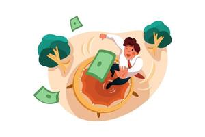 Businessman jumping on a trampoline to catch a dollar vector
