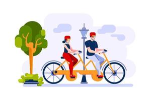 A man and woman are cycling on double bike in the park vector