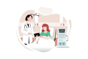 Young woman doctor with tablet and patient near medical equipment vector
