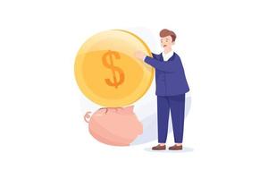 Businessman try to put a large coin into a piggy bank. Concept of saving money vector