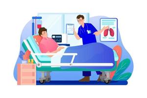 Hospitalization of the patient. Doctor's visit to ward of patient man lying in a medical bed. vector