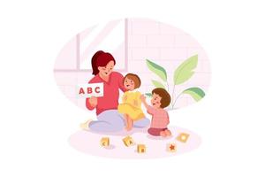 madre con dos niños aprendiendo el alfabeto con tarjetas vector