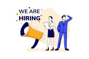 A team work standing and sitting with big megaphone behind and shout We are Hiring vector