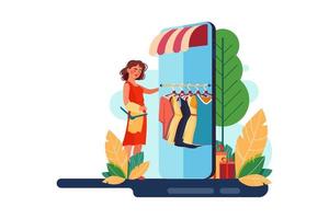 Girl choosing cloth in a mobile online shop. vector