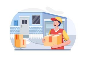 Delivery parcel to door. Courier presents box of recipient. vector