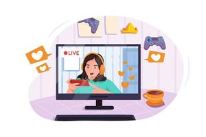 Young asian internet celebrity gamer girl introduce online mobile game to fans with smart phone and having live stream. vector