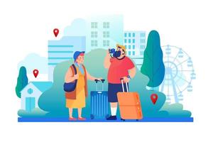 Elderly couple of tourists. Grandmother and grandfather with suitcases are traveling to travel. vector