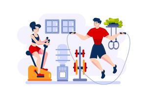 A woman is cycling on exercise-bike and a man is jumping rope vector