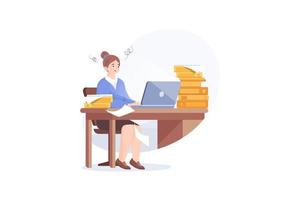 Tired young woman working on her laptop among piles of papers and documents. Stress in the office. Rush work. vector