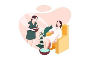 Woman in spa salon, girl lying on couch, masseur prepare making massage to client in cozy room with professional equipment, furniture and burning candles. vector