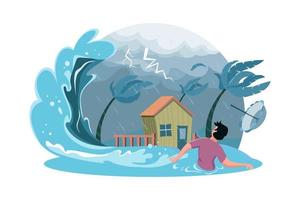 Natural disaster concept with rainy sky and impending storm and tsunami wave with house. vector