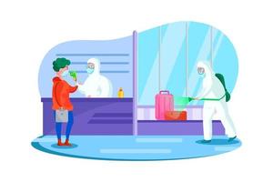 Passenger health check and disinfectant spraying at the airport, passenger wearing mask and the officer wearing hazmat suit vector
