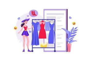 Woman choosing clothes in the online shop